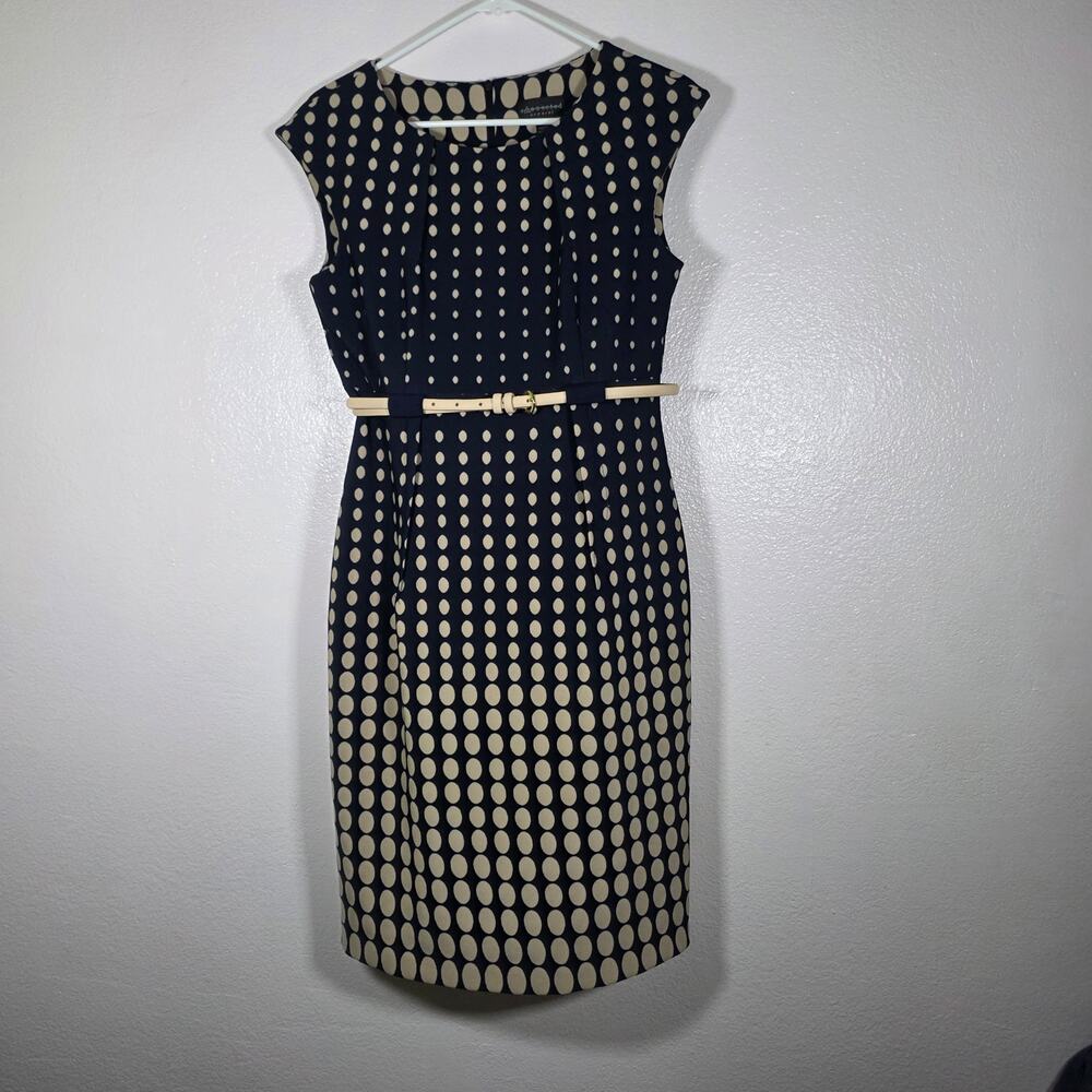 Connected Apparel Polka Dot Belted Sheath Dress Blue Beige Womens 8